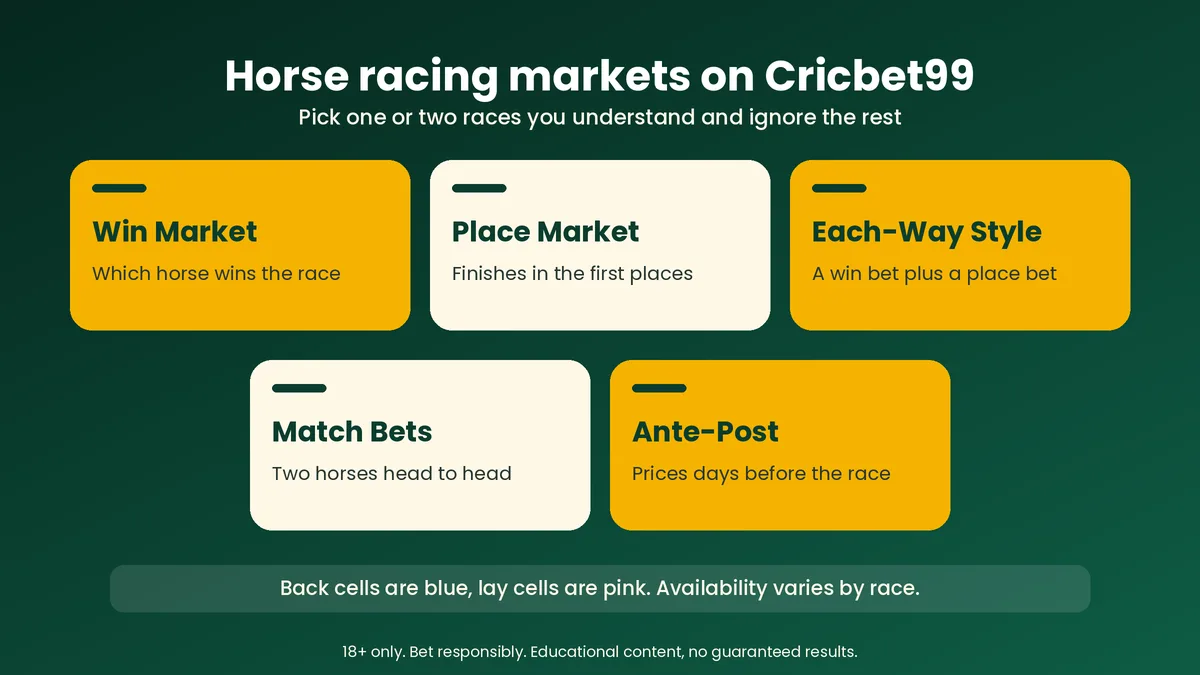 Cricbet99 horse racing markets: win, place, each-way style, match bets and ante-post