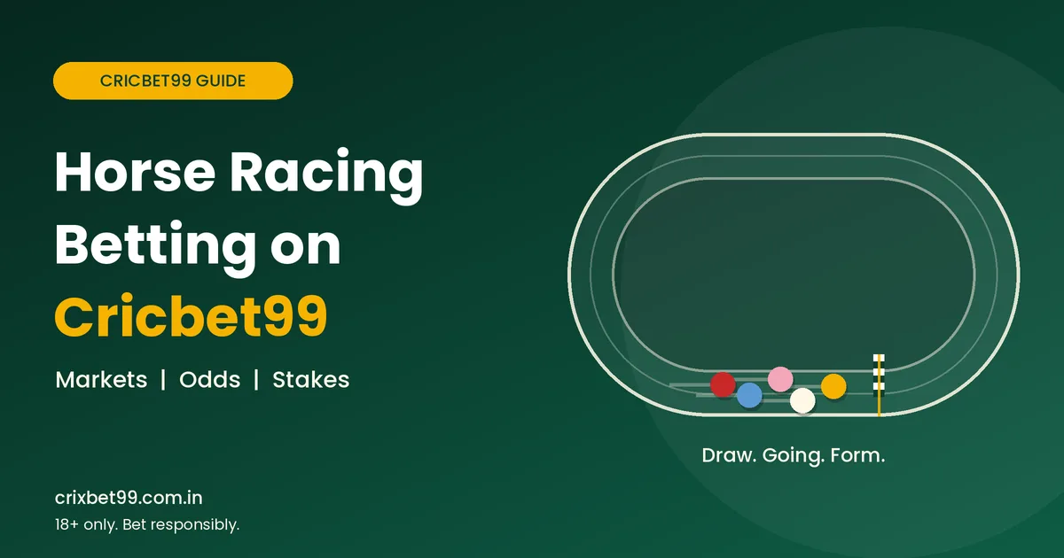 Horse racing betting on Cricbet99 guide banner with racetrack and runners