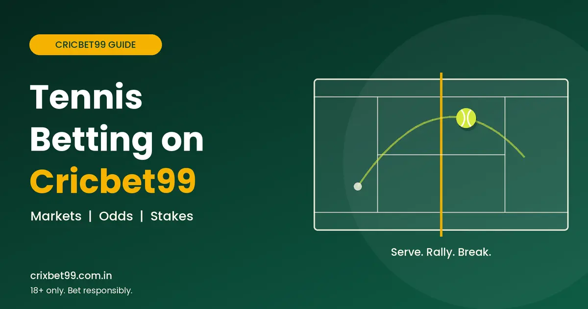 Tennis betting on Cricbet99 guide banner with tennis court and ball