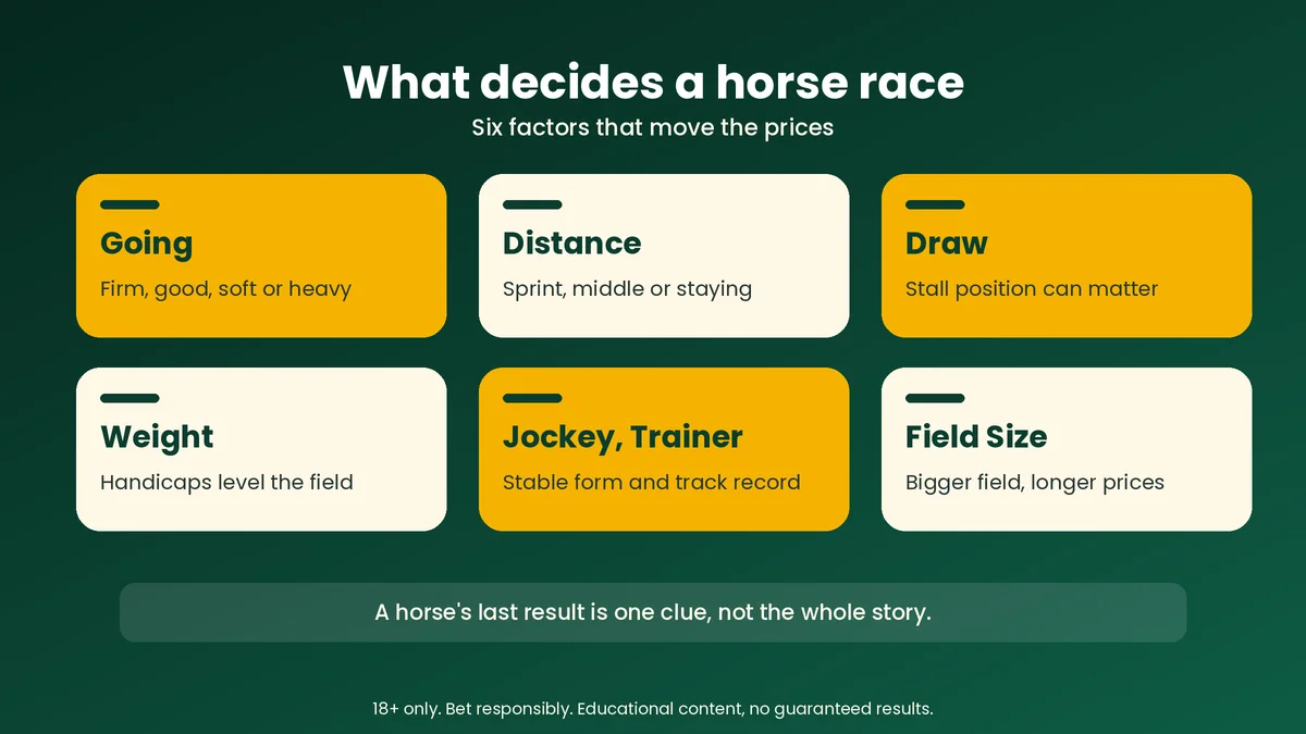 What decides a horse race: going, distance, draw, weight, jockey and trainer, and field size